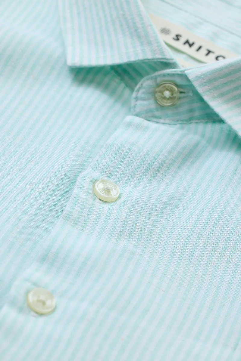 SNITCH Relaxed Fit Linen Blend Stripes Light Green Shirt